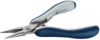 Preview: The image shows a small needle-nose pliers. It has a silver, metallic head with two sharp, pointed jaws. The handles are ergonomically shaped, with blue and gray rubber inserts.