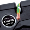 Preview: The image shows a Knipex tool pliers holding a colored wire. The wire has green and yellow insulation and exposed copper wires. There is a black marking with technical specifications on the pliers.