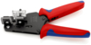 Preview: The image shows a crimping tool with red and blue handles. The head features metallic parts for crimping cable ends. The pliers are slightly curved and appear sturdy, with a transparent cover.