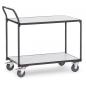 Preview: The image shows a simple, two-tiered serving cart with a sturdy, black-painted metal frame and two white shelves. It has four casters and a handle.