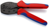 Preview: The image shows a crimping tool with red and blue handles. The tool has a black, textured working surface with various notches for crimping cable connections.