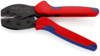 Preview: The image shows a crimping tool with black, metallic jaws and red, ergonomic plastic handles. The pliers are clippable and have a serrated area for securing cables.