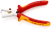 Preview: The image shows a pair of pliers with red and yellow handles. The tip is flat and narrow with a cutting function. It is from the brand Knipex and is suitable for insulation work.