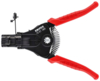 Preview: The image shows a black pair of pliers with red handles. It features a special device for stripping wires and a spring mechanism to aid in handling.