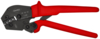 Preview: The image shows a cable crimper with red handles. The crimper has a narrow, black blade with several notches for crimping and cutting wires.