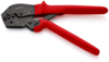 Preview: The image shows a black crimping tool with red handles. The tool has two long, ergonomic handles and a blade with various notches, ideal for electrical connections.