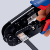 Preview: The image shows a crimping tool in hand. It is black with red and blue handles. A network cable connector is placed in the tool, ready for crimping.