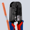 Preview: The image shows a crimping tool in black and blue, with an orange cable strand. The tool has various adjustment options and a sturdy construction.