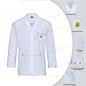 Preview: The image shows a white coat with a collar and long sleeves. On a chest pocket, labels and symbols for features such as breathability, antistatic properties, and washability are displayed.