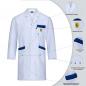 Preview: The image shows a white lab coat with blue pockets. It has long sleeves, a button placket, and is designed for hygienic and practical use. Detailed information about features is visible.