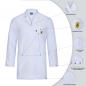 Preview: The image shows a white lab coat with a classic collar. There is a small logo on the chest, and it has large pockets. Details of the materials and features are displayed.