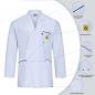 Preview: The image shows a white lab coat with long sleeves. It features a breast pocket, a narrow collar, and matching buttons. Details about the material quality are displayed along the edge.