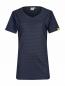 Preview: The image shows a dark blue T-shirt with short sleeves and a V-neck. It features fine, horizontal stripes and a small yellow logo on the left sleeve.