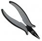 Preview: The image shows a small, curved pair of pliers with long, narrow jaws. The handle is ergonomically shaped, black and gray, and provides a good grip during work. The pliers are well suited for delicate tasks.