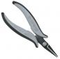 Preview: The image shows a pair of pliers with long, pointed blades. The handle is ergonomically designed and made of gray and black plastic to provide a secure grip.