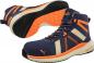 Preview: The image displays athletic shoes in blue with orange accents. They feature a high-top design, breathable material, and a grippy sole with a three-dimensional pattern.