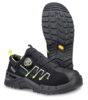 Preview: The image shows a black safety shoe with yellow details. It features a non-slip, treaded rubber sole and a special lacing system with a twist lock.