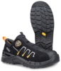 Preview: The shoe is black with gray and yellow accents. It has a sturdy, bumped front, a non-slip sole, and a quick lacing system with a round buckle.