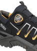 Preview: The image shows a black shoe with yellow and white accents. It features a special lacing system with a rotatable closure that adjusts the fit. The sole is robust.