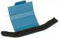 Preview: The image shows a blue, folded piece of cardboard that is lying open. It has a rough, black texture on one side, while the other side is smooth. The shape resembles a scoop or a strip.