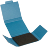 Preview: The image shows a blue package that is open. Inside, there is a black, rectangular piece of material. The package has a flat top and two side flaps.