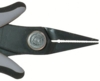 Preview: The image shows a pair of pliers with two long, narrow jaws. The handles are black with white inserts. Button in the middle for opening and closing the pliers. The jaws have a serrated edge.