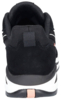 Preview: The image shows the rear view of a black athletic shoe with white stripes. The shoe features a padded heel and a round, rubberized sole.