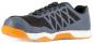 Preview: The shoe is sporty with a gray upper and black inserts. The sole is orange and has a white base with black dots. It has laces and a reinforced toe cap.