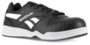 Preview: The image shows a black leather Reebok sports shoe. It features white details and a flat, grippy sole. The laces are black, and the design is sporty and modern.