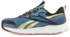 Preview: The shoe is sporty with a blue surface, yellow and black accents. The sole is white with an orange, textured underside. The laces are tight and sturdy.