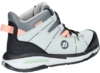 Preview: The shoe is a mid-top sports or casual shoe in light gray with black and coral accents. It features a padded tongue, laces, and a non-slip sole.