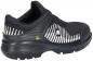 Preview: The shoe is black with a textured upper. On the side, there are horizontal white stripes and a logo visible. The sole is sturdy and grippy, ideal for active use.