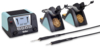 Preview: The image shows a soldering station with a digital display, two soldering tip holders, and two soldering tips. They are designed in black and turquoise blue, with a placed sponge cleaning.