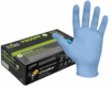 Preview: The image shows a box of blue disposable gloves. Next to it is an outline of a hand displaying the gloves. The packaging features green lettering and various symbols.