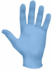 Preview: The image shows a hand in a light blue disposable glove. The fingers are slightly spread apart, the palm is visible, and the glove appears smooth and elastic.