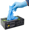 Preview: A hand wearing a blue rubber glove is pulling another blue glove from a black, labeled package. The package displays safety instructions.