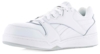 Preview: The shoe is a bright, white sneaker with a smooth surface. It has a round toe, flat laces, and a flexible rubber sole. The sides feature subtle stitching and markings.