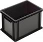 Preview: The image shows a black plastic box. It is rectangular, has sturdy walls, and an open lid. There are two handle-like cutouts on the shorter sides for easier carrying.