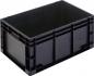 Preview: The image displays a black, rectangular plastic box with an open top. It has two side handles and a sturdy structure, ideal for storing or transporting items.