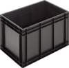 Preview: The image shows a black, rectangular plastic box without a lid. It has a smooth interior and vertical edges with slightly raised areas that support stability.