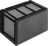 Preview: The image shows a black plastic box with a rectangular body. It has a sturdy structure, ribbed sides, and a flat lid. The surface is smooth and shiny.