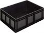 Preview: The image displays a rectangular, black plastic box. It has smooth walls and an open top edge. The box is sturdy and suitable for storing items.