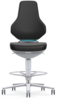 Preview: The chair has a black, ergonomic seat and a high, rounded backrest. It stands on a silver base with five casters and a circular footrest.