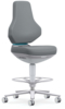 Preview: The image displays an ergonomic office chair with a gray cover. It features a high backrest, a round, adjustable seat, and a metal base with five casters for mobility.