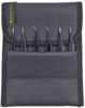 Preview: The image shows a black bag with seven different tweezers arranged in a sequence. The bag has a Velcro closure and a yellow brand patch.