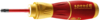 Preview: The image shows a screwdriver with a red handle and a golden upper part. The blade is black with a flat tip, ideal for driving screws. The handle is non-slip.