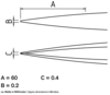 Preview: The image shows two schematic representations. The top features two lines converging at a point, with dimensions A (60 mm) and B (0.2 mm). Below, lines appear to diverge with dimension C (0.4 mm).