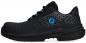 Preview: The image shows a black sneaker with blue accents. The shoe has a perforated surface and a simple, sporty shape. The sole is sturdy and slightly textured.