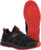 Preview: The image shows a black sports shoe with red accents. The sole features a distinctive, grippy pattern. A special lacing device is visible, which makes putting on the shoe easier.