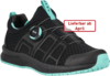 Preview: The image shows a black sports shoe with turquoise accents. It features a lightweight upper and a special lacing system. A note states that it will be available from April.